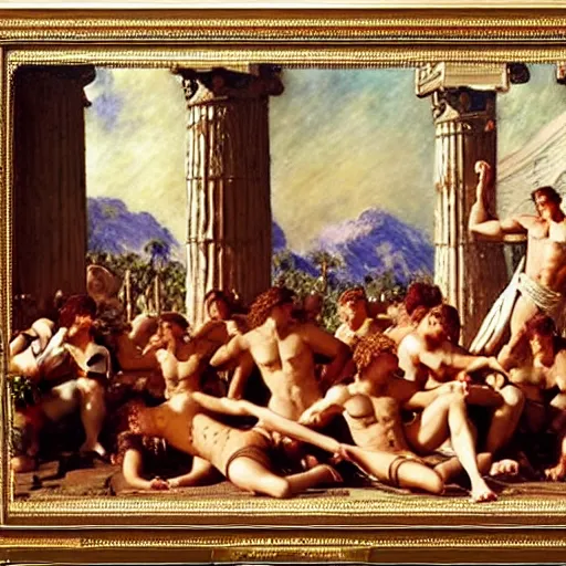 Image similar to hercules watches achilles while they wait in line to worship at zeus'feet, throne of olympus, heavenly marble, gods and goddesses in elegant clothes, painting by gaston bussiere, craig mullins, j. c. leyendecker, tom of finland, claude monet