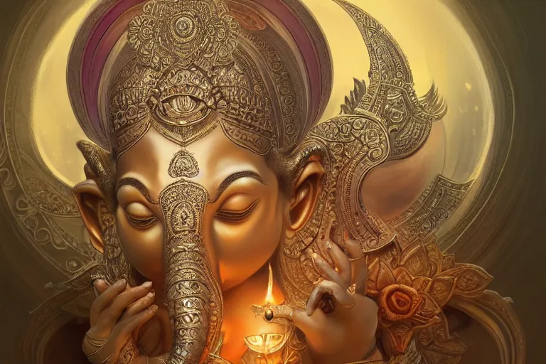 Image similar to rhodium ganesha, mandala, fantasy, intricate, elegant, highly detailed, digital painting, artstation, concept art, matte, sharp focus, illustration, art by artgerm and greg rutkowski and alphonse mucha