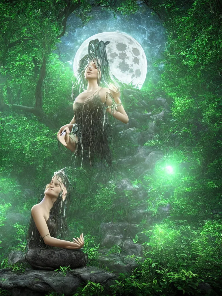 Image similar to an ancient mystical alluring female witch generating flowing energy and surrounded by wisps of green magic sits meditating in a magical overgrown garden temple, large full moon in sky, 3 d, cinema 4 d render, trending on artstation