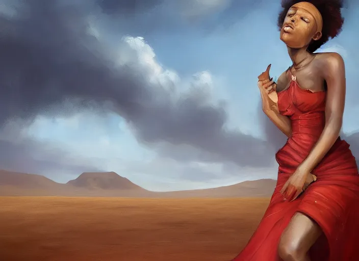 Image similar to desert landscape, portrait painting beautiful realism, an african girl with red hair, wear gowns, who was sprawled out was about to rise, his face covered in blood. cinematic scene, good lighting, fine art, trending on artstation, smooth draw, sharp focus.