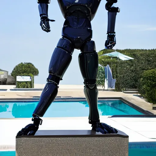 Image similar to a realistic detailed photo of a guy who is an attractive humanoid who is half robot and half humanoid, who is a male android, wrestler jack swagger, shiny skin, posing like a statue, blank stare, by the pool, on display, showing off his muscles, humanoid robot, frozen ice statue