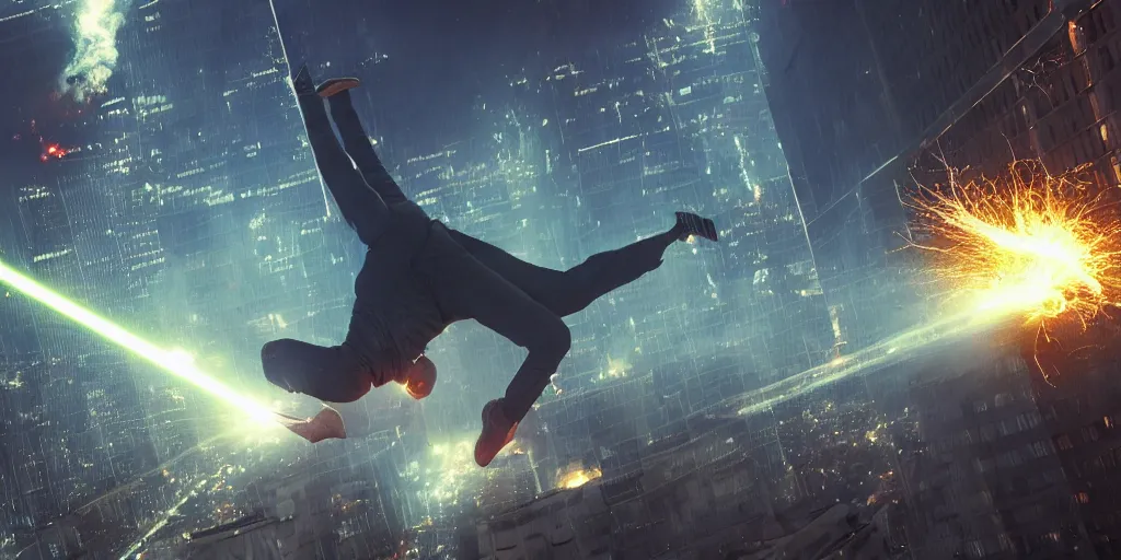 Image similar to gigantic morgan freeman doing a bridge handstand on the ground while destroying a city throwing lasers from his eyes, night, realism, 4 k, octane render, award winning photograph, cinematic shot