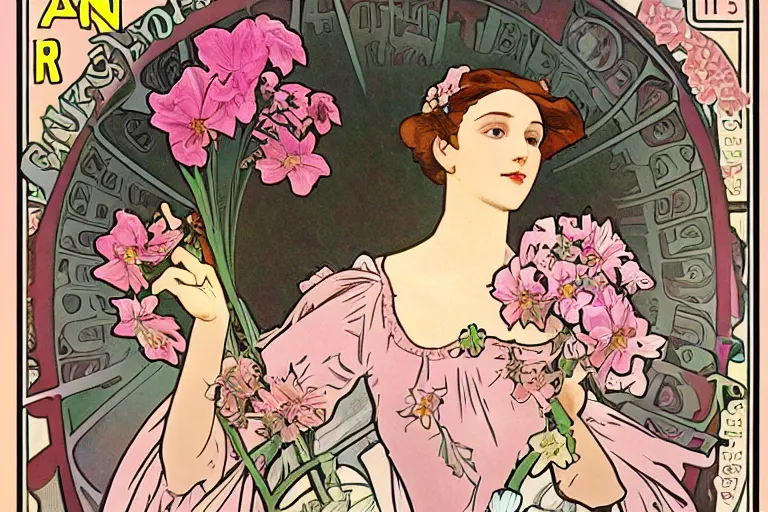 Image similar to a pretty girl with a robotic arm holding a flower, graphic novel, miniature faking, alphonse mucha, baby pink color, ceramic, dof