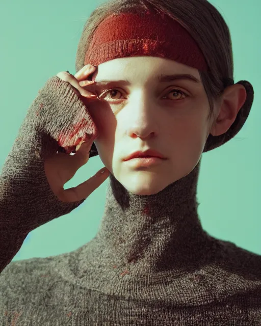 Image similar to hila klein, weird modern fashion, half body shot, photo by greg rutkowski, f / 2 0, symmetrical face, warm colors, depth of field