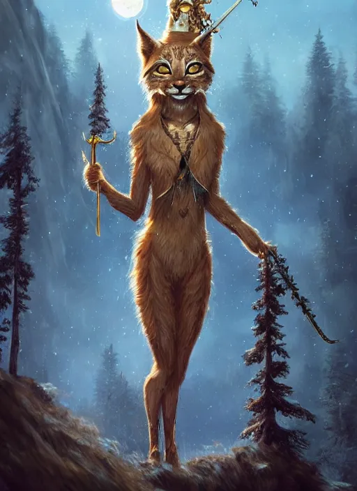 Image similar to anthropomorphic lynx holding a golden intricately decorated shiny scepter, night, spruce trees on the sides, mountains in the background, eerie dark atmosphere, moonlit, back light, fantasy art by charlie bowater and yoshitaka amano, trending on artstation