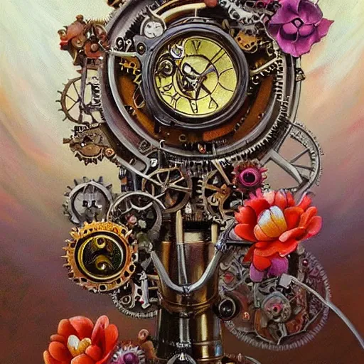 Prompt: beautiful steampunk mechanical flowers, detailed oil painting,