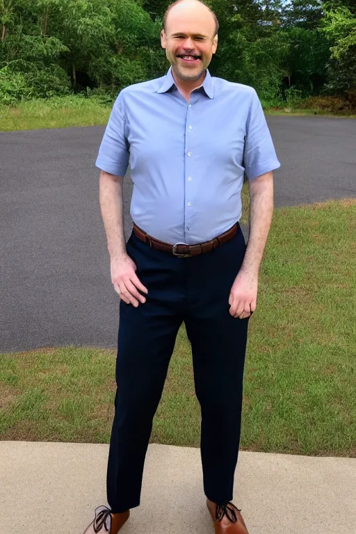 Image similar to full body color photograph of a balding, middle aged, brown haired, hairy, blue eyed, round faced, short white man who has thick legs, dressed in a white shirt, grey pants and black dress shoes, smiling at the camera with perfect, straight white teeth, full body portrait, head to toe