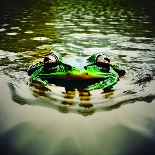 Image similar to “semitranslucent smiling frog amphibian floating over misty lake waters in Jesus Christ pose, low angle, long cinematic shot by Andrei Tarkovsky, paranormal, spiritual, mystical”