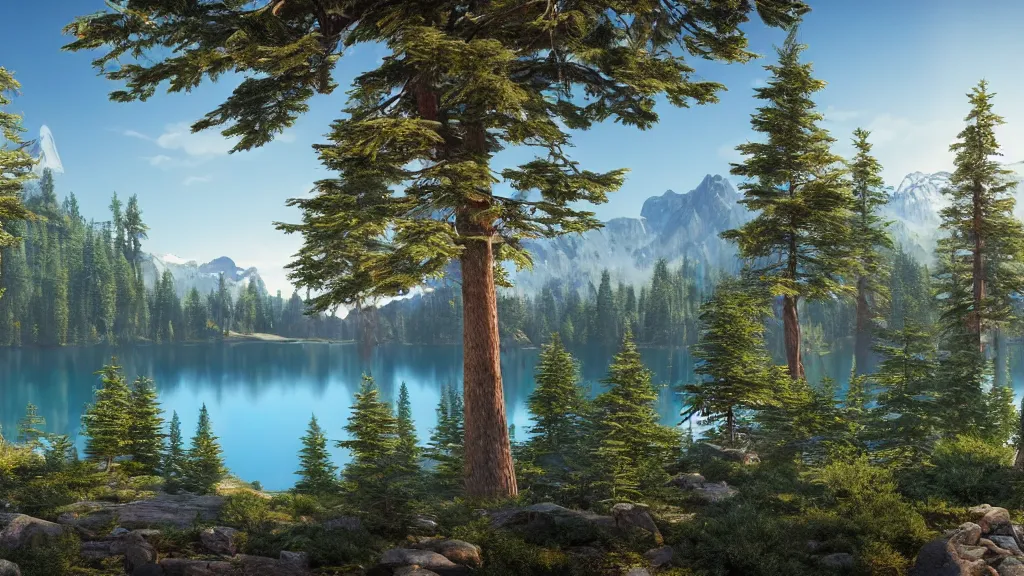 Prompt: a lake surrounded by tall pine trees with a mountain in the distant background, some grass in the first plan, a detailed matte painting by senior environment artist, shutterstock contest winner, photorealism, rendered in unreal engine, matte painting, anamorphic lens flare