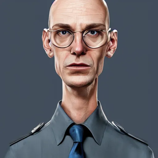 Image similar to A middle-aged Dr. Venture in real life with a hooked nose, a long gaunt face and skinny body and neck, very thin and bald, realistic, very realistic, hyperrealistic, highly detailed, very detailed, extremely detailed, detailed, digital art, oil painting, trending on artstation, headshot and bodyshot, detailed face, very detailed face, extremely detailed face, HD Quality, 8k resolution, very very detailed face, real life