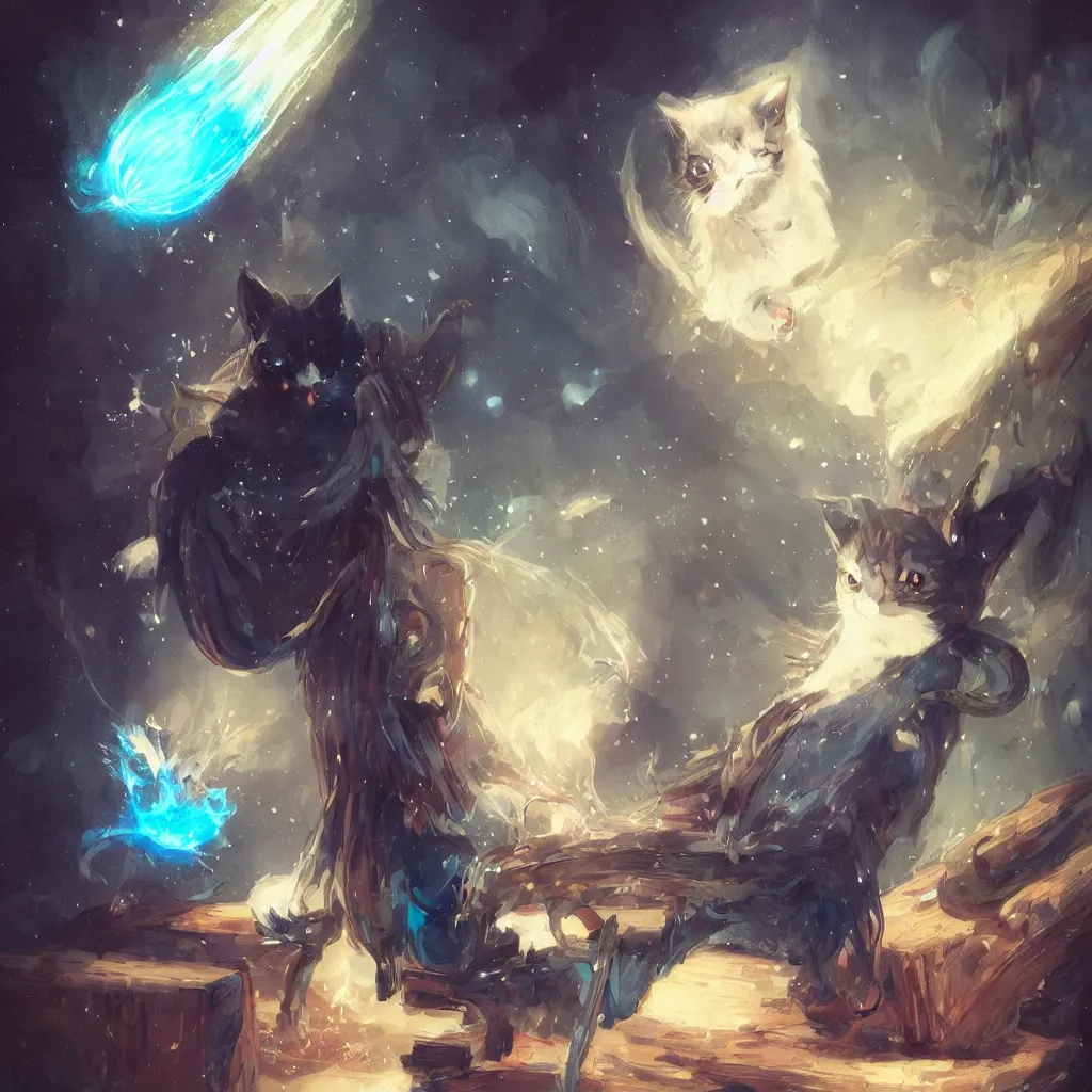 Prompt: anime cat with cloak sitting on a magical wood carved chair, super powers, glowing tiny blue lines, concept art, by greg rutkowski, overdetailed art