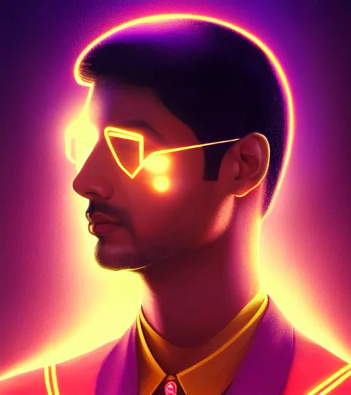 Image similar to symmetry!! indian prince of technology, solid cube of light, hard edges, product render retro - futuristic poster scifi, lasers and neon circuits, brown skin handsome indian prince, intricate, elegant, highly detailed, digital painting, artstation, concept art, smooth, sharp focus, illustration, dreamlike, art by artgerm