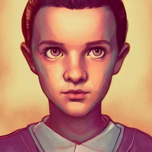 Prompt: a beautiful side portrait of Eleven from Stranger things by (((((Bowater ,Charlie))))) , fantasy!!! , digital!!!, character,