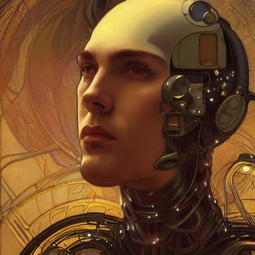 Image similar to portrait of a male android, coy, circuitry visible in head, in the style of ex machina, karol bak, alphonse mucha, greg rutkowski, award winning, hr giger, artstation