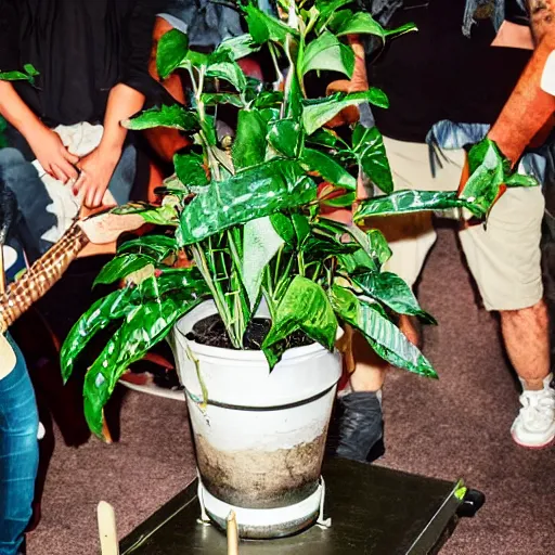 Prompt: a potted plant on a stage at a mosh pit