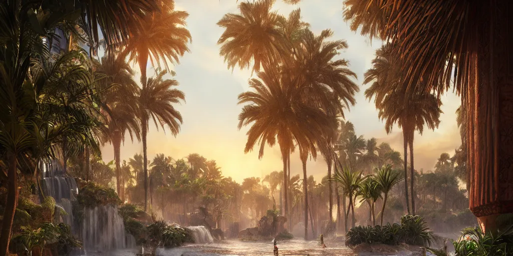 Image similar to beautiful oasis waterfalls surrounded by palm trees moroccan tile archways, date trees, ivory towers sunset peter morbacher ross tran angelarium greg rutkowski alchemy luxury heavenly light soft illumination, trending on artstation cinematic lighting digital painting octane render, artgerm