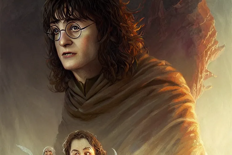 Image similar to harry potter in lord of the rings, character design, painting by jason nguyen, magali villeneuve, anna podedworna, greg rutkowski,