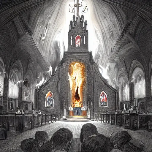 Prompt: a large church on fire with jesus levitating in front of it, with fire tornado, by kim jung gi, paul heaston, extremely wide angle shot, trending on art station, 4 k, vibrant lighting