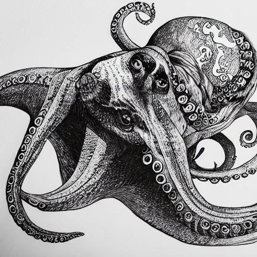 Image similar to a hyper-detailed pen drawing of an octopus on a dog on top of a gorilla