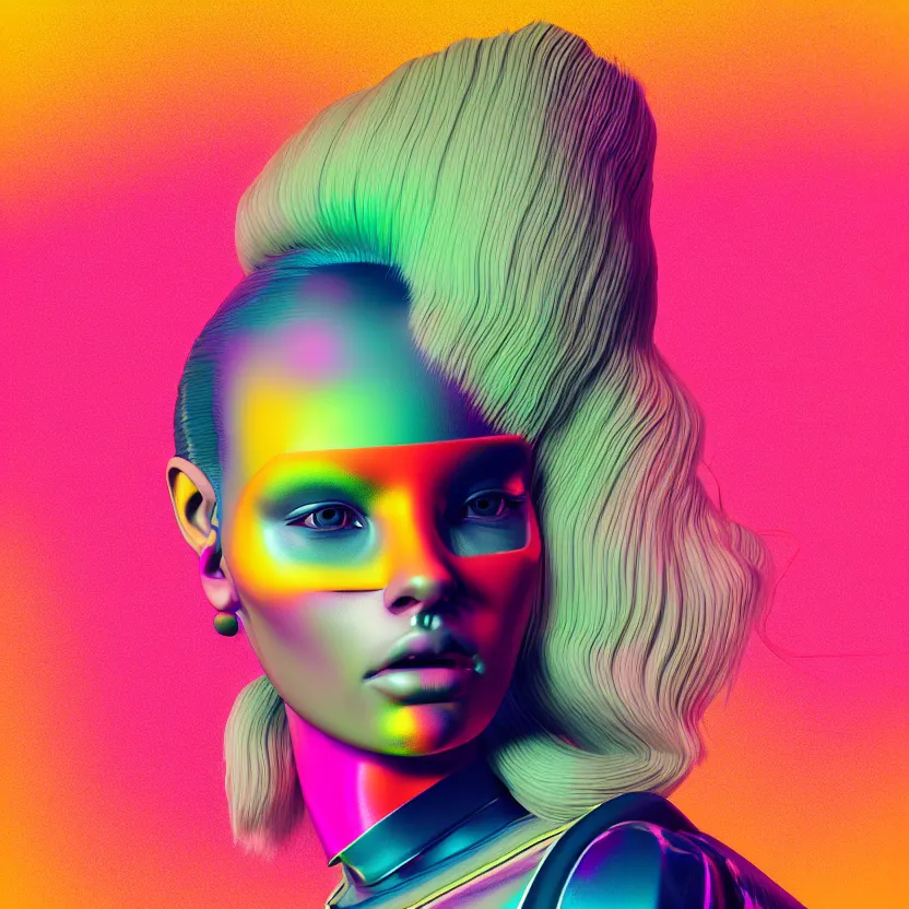 Prompt: full frontal portrait of a post modern hybrid fashion model with an exuberant style from year 2 0 6 0, colorful, octane render, vray, detailed, halftoned, editorial illustration, matte print, grainy light, ( ( dither ) ), risograph, high contrast, screen print, grainy texture