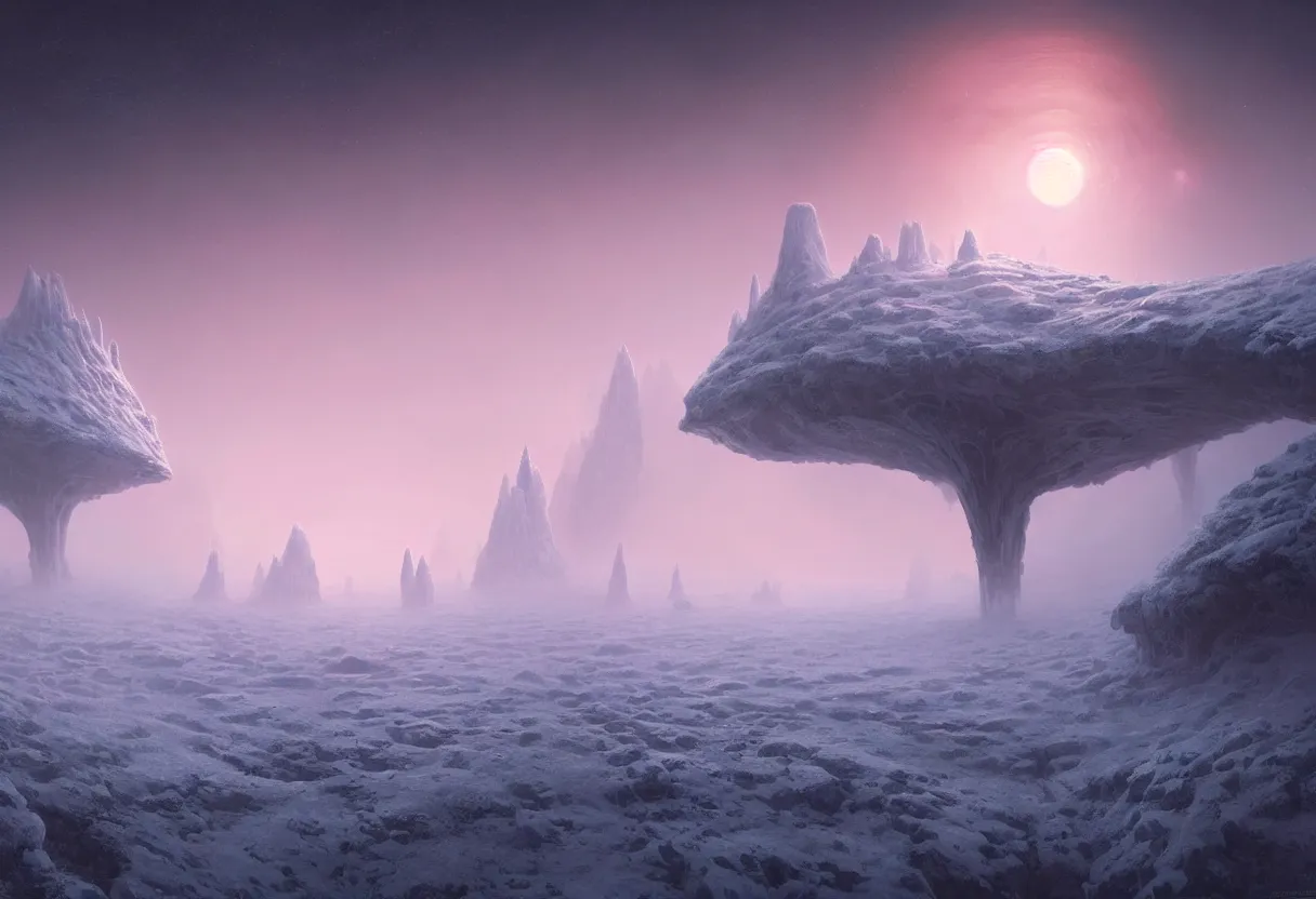 Image similar to surface of frozen winter alien planet at sunset, ultra high definition, ultra detailed, symmetry, fog, matte painting, by greg rutkowski and ross tran and wlop