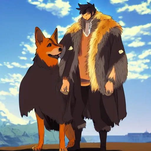 Image similar to a two german shepherds beast - men, holding a mug of beer, a lot of pockets, fur cape, tavern background, magical, bright, colorful, fantastic lighting, amazing details, 4 k uhd, illustration by hayao miyazaki and makoto shinkai and ilya kuvshinov, artstation, pixiv,