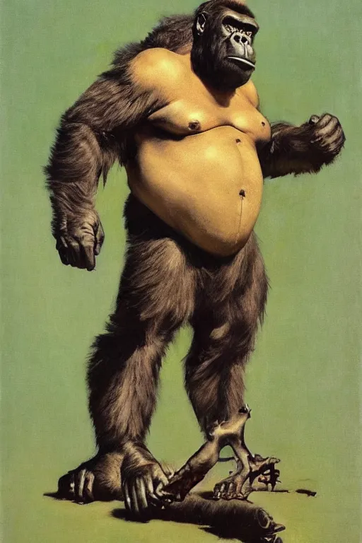 Image similar to full body portrait of huge slimy hairless bipedal gorilla, by norman rockwell, jack kirby, jon berkey, earle bergey, craig mullins, ruan jia, jeremy mann, tom lovell, marvel, astounding stories, 5 0 s pulp illustration, scifi, fantasy, artstation creature concept