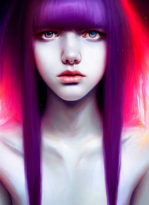 Image similar to hair whitebangs hair, black hair, whitebangs, portrait of teenage girl with white bangs, red irises, purple clothes, white bangs, bangs are different color from hair, intricate, elegant, glowing lights, highly detailed, digital painting, artstation, concept art, smooth, sharp focus, illustration, art by wlop, mars ravelo and greg rutkowski