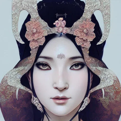 Image similar to a photorealistic dramatic fantasy render of a beautiful woman wearing a beautiful intricately detailed japanese cow kitsune mask and clasical japanese kimono by wlop, artgerm, greg rutkowski, alphonse mucha, beautiful dynamic dramatic dark moody lighting, shadows, cinematic atmosphere, artstation, concept design art, octane render, 8 k