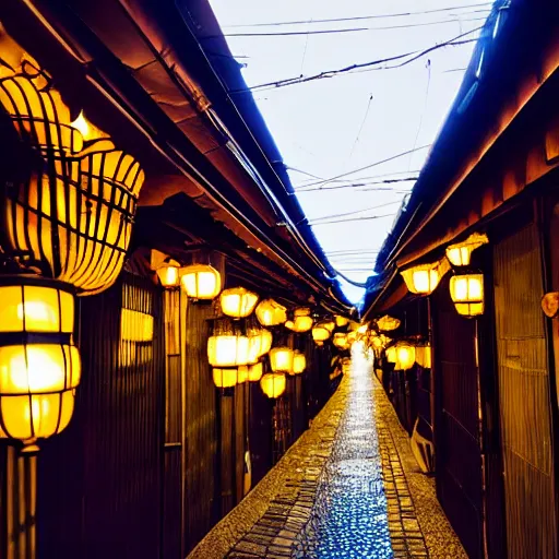 Prompt: night photography of kyoto alleyway at night, golden lanterns, traditional and modern store fronts, bokeh, award winning, dslr, nikon