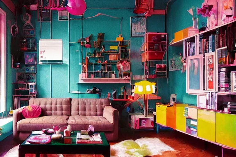 Image similar to apartment inspo groovy lava lamp theme, frog themed, in 2 0 5 5, y 2 k cybercore, bright - light photography, bathed in the glow of a crt monitor, still from a wes anderson movie