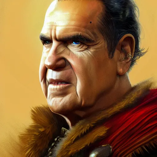 Image similar to glorious full head portrait of Richard Nixon as Thor, fantasy, intricate, elegant, digital painting, trending on artstation, concept art, sharp focus, illustration by Greg Rutkowski, by Gaston Bussiere, Artgerm, 4k.