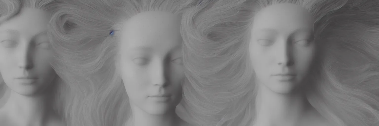 Prompt: A portrait of a very beautiful goddess with hair made of volumetric displacement, arnold render,subsurface scattering, 8k