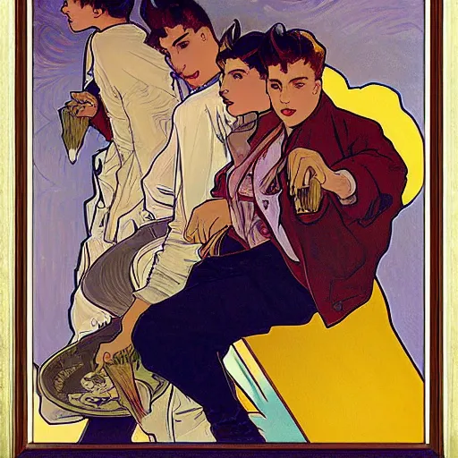 Prompt: a painting of three male teenagers with rockabilly attire holding yellow popsicle and looking at women in the streets by alphonse mucha