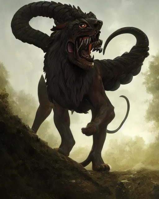 Image similar to oil painting of a chimera with goat head, snake head, lion head, sharp focus, heroic pose, fantasy style, octane render, volumetric lighting, 8k high definition, by greg rutkowski, highly detailed, trending on art Station, magic the gathering artwork, Woodland background, centered