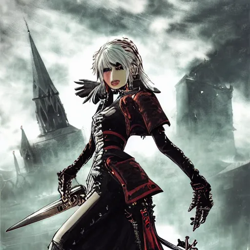 Prompt: highly detailed portrait of a punk young vampire hunter lady with wavy blonde hair, by Dustin Nguyen, Akihiko Yoshida, Greg Tocchini, Greg Rutkowski, Cliff Chiang, 4k resolution, nier:automata inspired, castlevania inspired, vibrant but dreary red, brown, white and black color scheme!!! ((Medieval graffiti Church background))