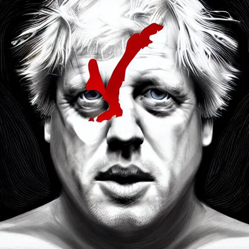 Image similar to dramatic digital drawing of boris johnson as the terminator (1984), one eye is red and glowing, half face skeleton, cinematic lighting