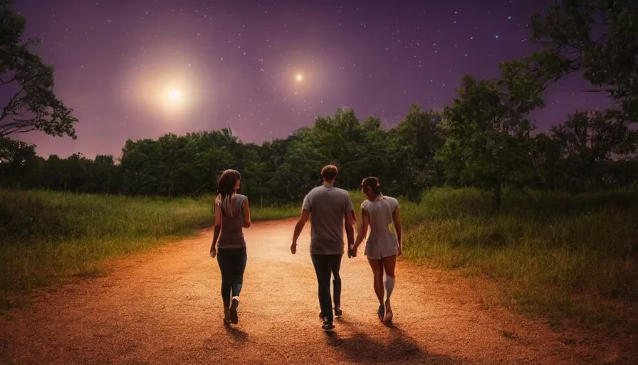 Prompt: a couple walking in the middle of fireflies the color of the moon, cinematic lighting, wow, establishing shot