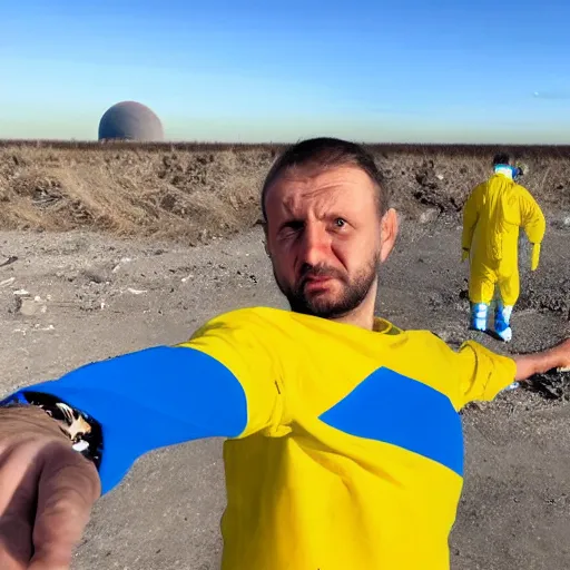 Image similar to 2 0 2 2 last selfie of last alive of frightened funny ukrainian in yellow and blue clothes, trying to escape, badly injured from radiation to bones from a huge nuclear explosion at background, dead bodies everywhere