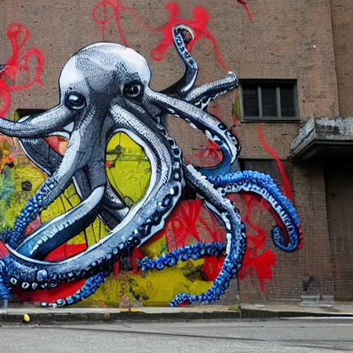 Image similar to octopus street graphitti, tentacles, by bordalo ii and artur bordalo