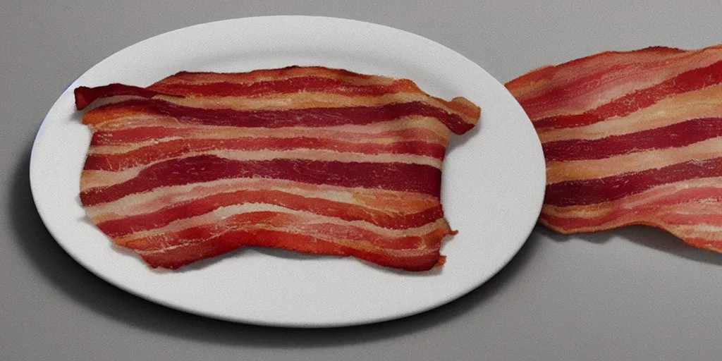 Image similar to A single strip of bacon on a plate, cgsociety, artstation, cinematic