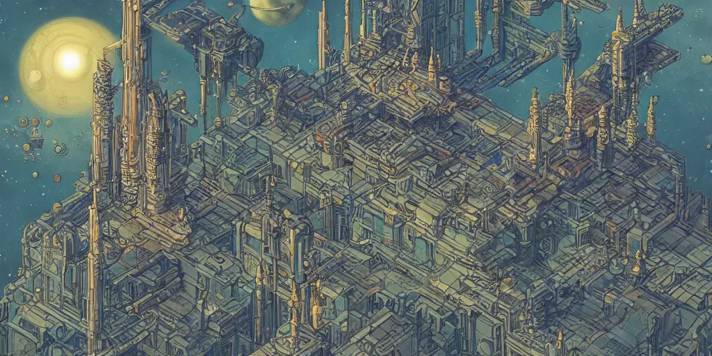 Prompt: space colony citadel by moebius and Escher and mohrbacher