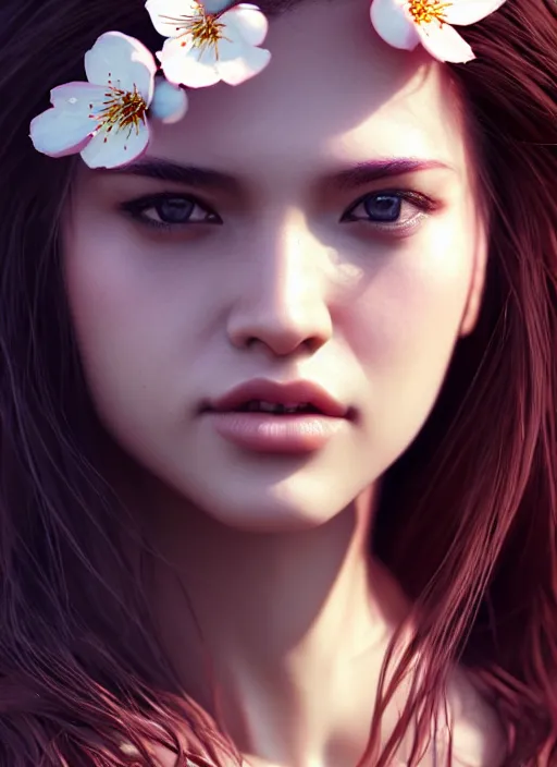 Image similar to photo of a gorgeous female with messy hair in the style of stefan kostic, realistic, body shot, sharp focus, 8 k high definition, insanely detailed, intricate, elegant, art by stanley lau and artgerm, cherry blossoms