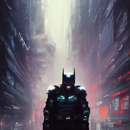 Prompt: cyberpunk batman, futuristic, brush strokes, oil painting, city background, greg rutkowski