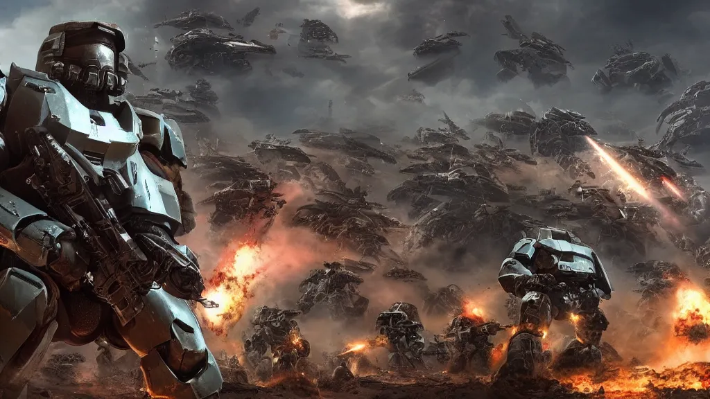 Image similar to sci-fi action movie cinematography 3D scene of warhammer space marine destiny halo planting flag in epic future war zone. By Emmanuel Lubezki