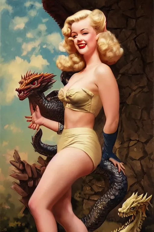 Prompt: portrait of 1 9 4 0 s blonde pinup girl holding a dragon, by greg rutkowski, rossdraws, gil elvgren, enoch bolles, porcelain skin, glistening, very coherent,