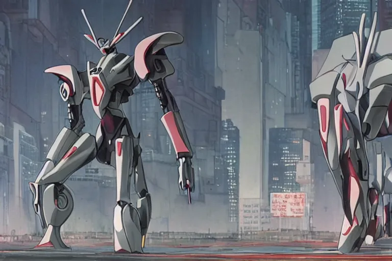 Prompt: late 2 0 1 0 s cg anime screenshot of a sleek, slender, human - scale mecha suit defending the city streets, designed by hideaki anno, drawn by tsutomu nihei, and painted by zdzislaw beksinski