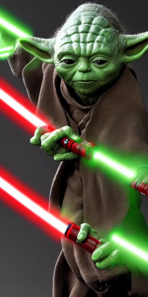 Image similar to yoda, as a sith lord, with a red lightsaber, using the dark force, realistic, ultra realistic