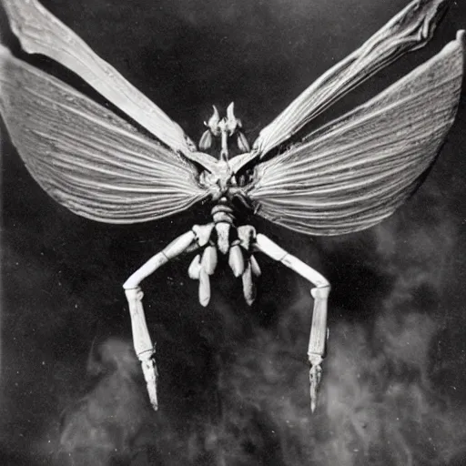 Image similar to winged spider monster with firelight body :: godly presence :: 1940 photograph