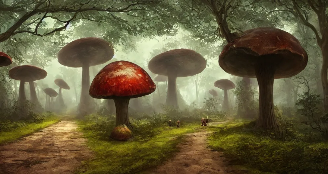 Prompt: road in a forest road, victorian buildings, giant mushrooms, weird machinery, highly detailed, fantasy art, myst engine